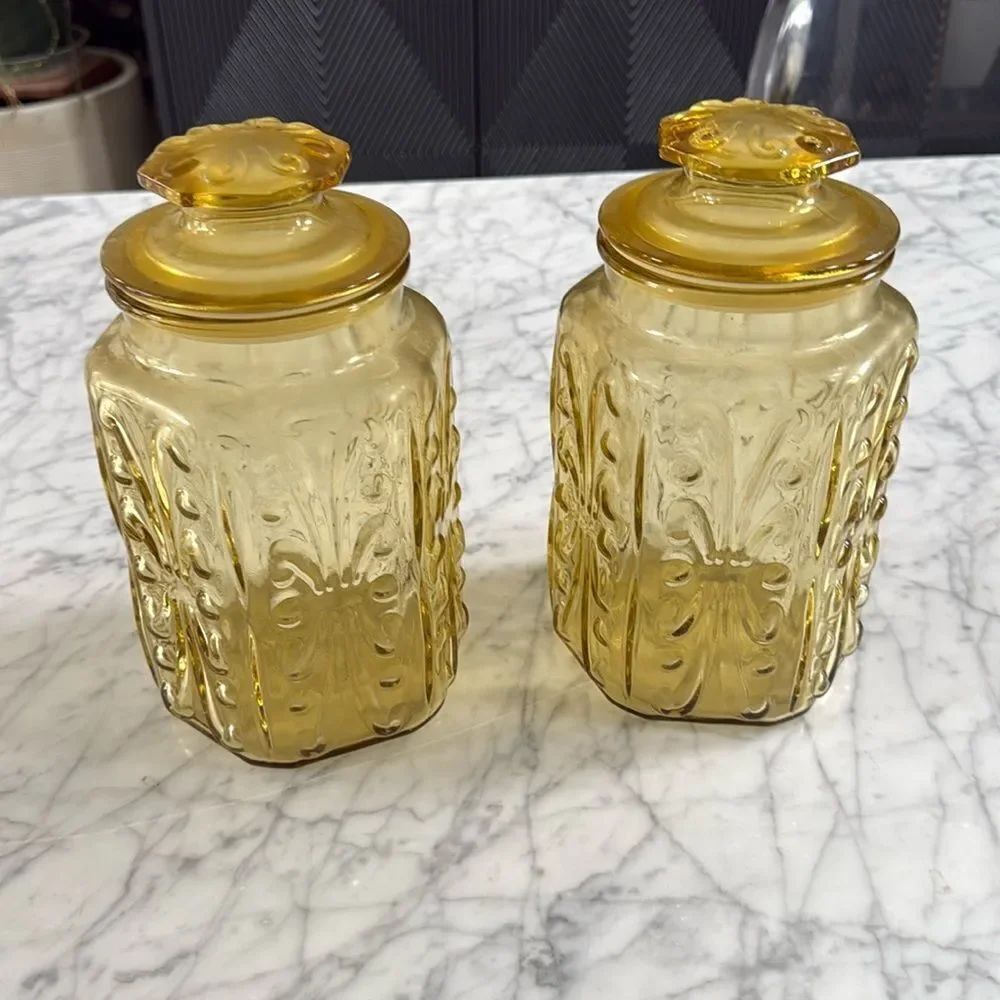 Vintage L.E. Smith Atterbury Scroll glass canister jar X2 apothecary